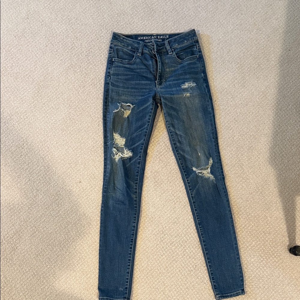 American Eagle Outfitters Women's Dark Blue Ripped Skinny Jeans
